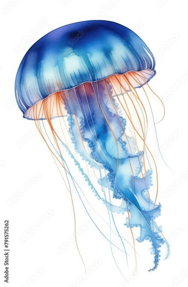 watercolor Illustration of jellyfish with turquoise body, long tentacles isolated on white backdrop. watercolor Illustration of jellyfish with turquoise body, long tentacles isolated on white backdrop.