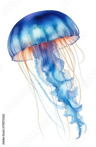 watercolor Illustration of jellyfish with turquoise body, long tentacles isolated on white backdrop.