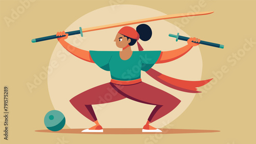 A person holds a powerful warrior stance while balancing a bokken wooden sword on their shoulder demonstrating the harmony between inner
