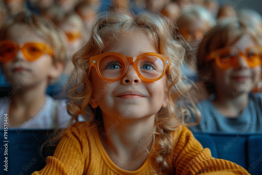 Cute child with orange glasses in a cinema, looking upwards with a sense of wonderment