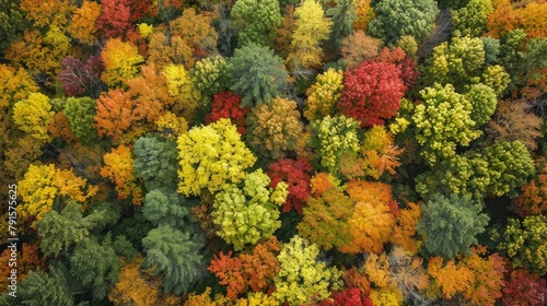 Fall foliage of trees displays yellow green and red hues when viewed from above the treetops