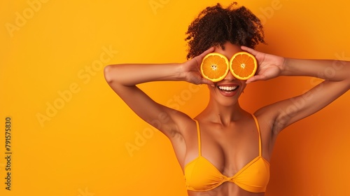 Captured in the essence of summer, a joyful model holding slices of bright orange citrus fruits over her eyes, standing against a sunny solid color background