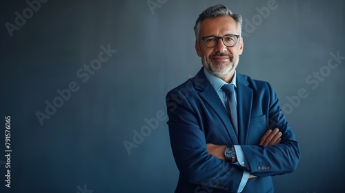 Depicting a happy middle-aged business CEO standing in his office, arms crossed confidently. The background is a solid color