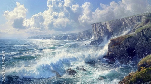 A refreshing splash of ocean spray mingles with the salty sea air as waves crash against weathered coastal cliffs.