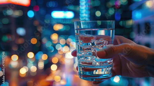 Shot against a backdrop of sparkling city lights, a hand reaches for a sleek glass of crystal-clear alcohol over ice