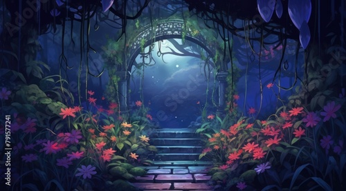 Enchanted moonlit garden with hidden paths and vibrant flora