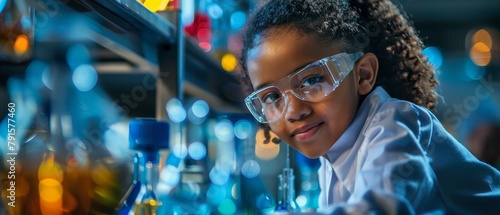 Young scientist wearing safety goggles smiles at the camera while working in a laboratory.