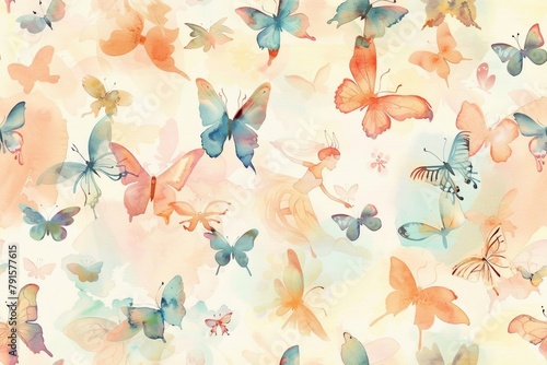 Seamless pattern of watercolor fairies and butterflies in pastel shades.