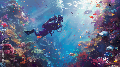 A diver exploring a vibrant coral reef filled with colorful fish and marine creatures. © HillTract