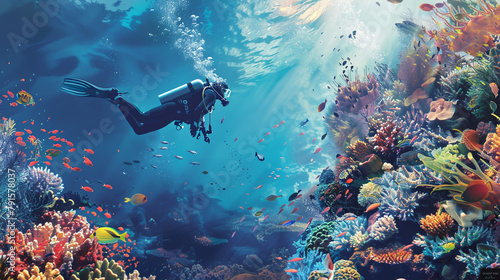 A diver exploring a vibrant coral reef filled with colorful fish and marine creatures. © HillTract