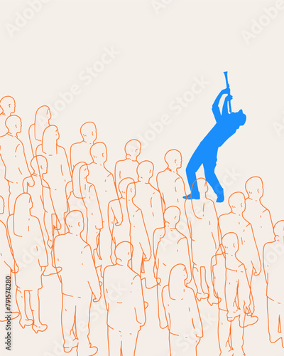 Contemporary art collage. Ambitious person, transparent blue silhouette musician, showing his individuality in crowd of outlined persons silhouettes. Concept of business, social issues, connection.