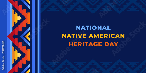 Native american heritage day greeting. Vector banner, poster, card, content for social media with the text Native american heritage day. Blue background with native ornament border.