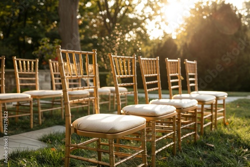 Several gold chiavari chairs set up on grass for a wedding ceremony. photo