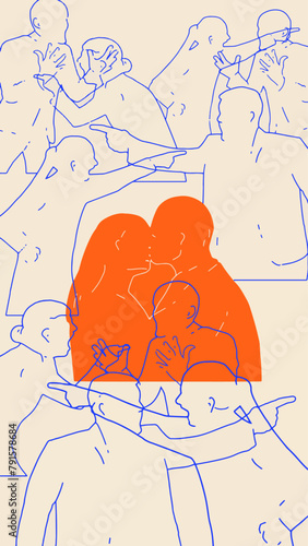 Contemporary art collage. Silhouette of two figures lovely couple, surrounded by various blue line-drawn figures expressed negative emotions on neutral background. Concept of social issues, connection