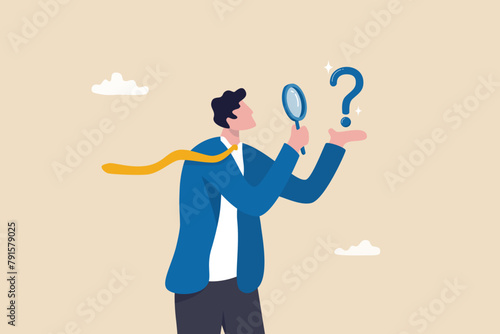 Problem analysis, analyze information to find solution or answer, solving problem or trouble, challenge to think overcome difficulty concept, businessman analyze question mark with magnifying glass.