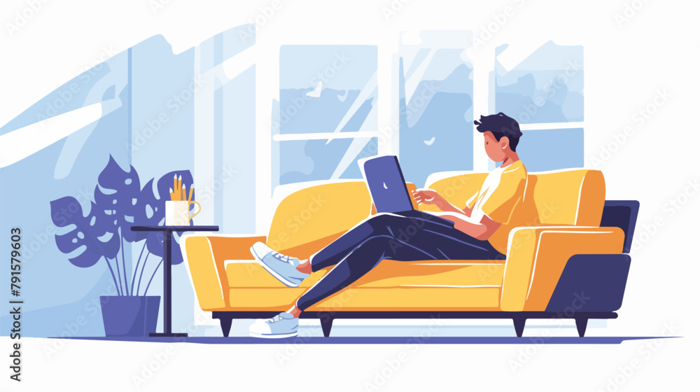 Freelancer working at home with taplet on cozy sofa