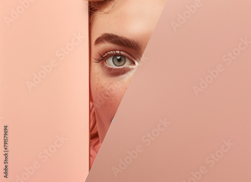 woman looking through a hole. Minimal creative cosmetical concept. Advertise for make up industry and cosmetic saloons. Trendy social mockup or wallpaper with copy space.
