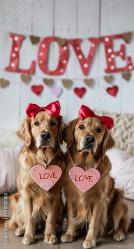 golden retriever dogs inloved 
In a romantic setting, with hearts, ribbons, and the text 