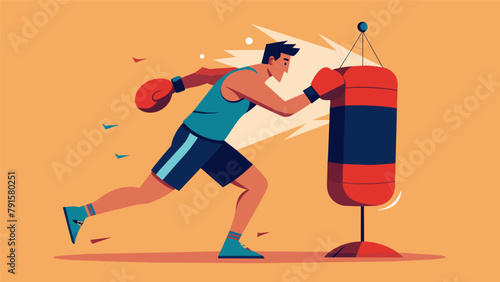 A boxer throwing rapidfire combinations on a heavy bag focusing on power and speed while incorporating short rest periods to mimic the pace of
