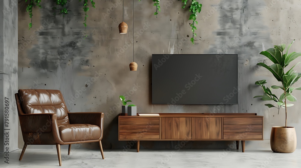 Living room interior have wooden cabinet for tv and leather armchair in ...