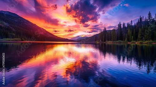 A serene lake reflects the fiery colors of a stunning sunset, interrupted only by the occasional splash of a jumping fish. photo