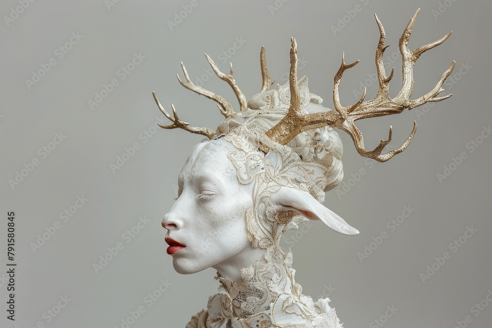 Sculpture of a woman with antlers on her head and a deer head on her head in a surreal conceptual artwork