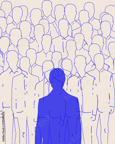 Contemporary art collage. Male blue silhouette walks against crowd of limp outlines of people against neutral background. Concept of business, social issues, communication, connection.