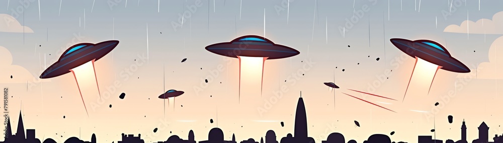 alien invasion scene, UFOs hovering over a city, chaotic evacuations, scifi style, suspenseful and ominous, during a thunderstorm alien invasion scene, UFOs hovering over a city, chaotic evacuations, scifi style, suspenseful and ominous, during a thunderstorm