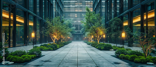 Nighttime Park with Illuminated Pathway, Green and Bright Outdoor Space in an Urban Garden