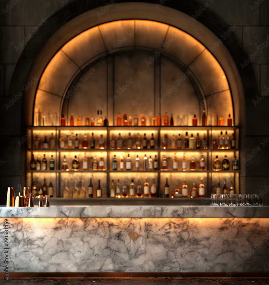 Marble bar counter with copper utensils and shelves with numerous bottles