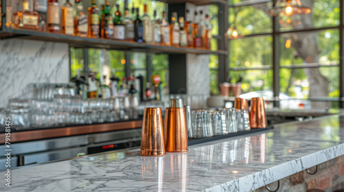 Marble bar counter with copper utensils and shelves of bottles © Kondor83