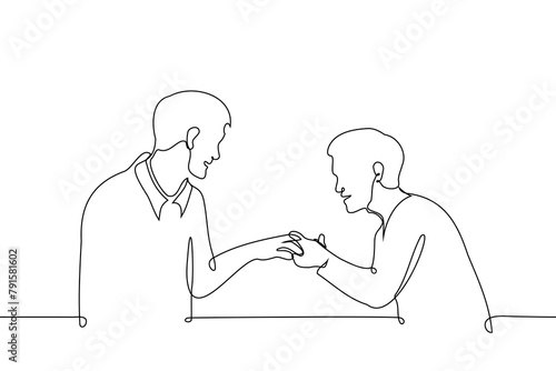 man showing ring to another man or gay engagement - one line art vector. concept men in love, a man admires his friend's engagement ring