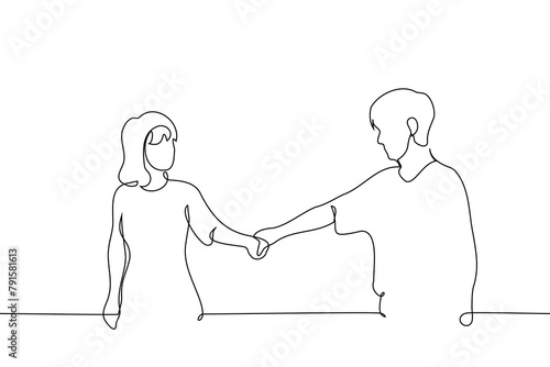 man and woman holding hands looking at each other - one line art vector. concept lovers on a walk, going through life together
