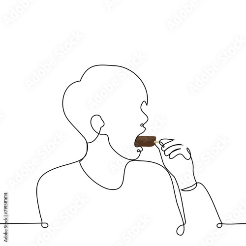 man eats ice cream on a stick in big bites, stuffing it into his mouth - one line art vector. concept eating ice cream greedily