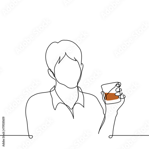 man sitting with a raised glass of whiskey - one line art vector. concept drinking alone, whiskey connoisseur without ice