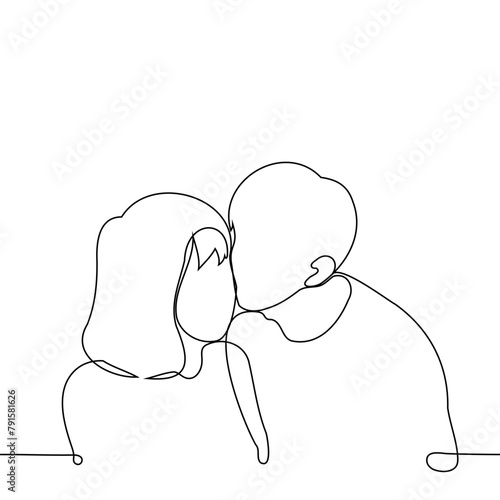 man kisses woman on the cheek - one line art vector. concept chaste kiss, relatives, congratulations