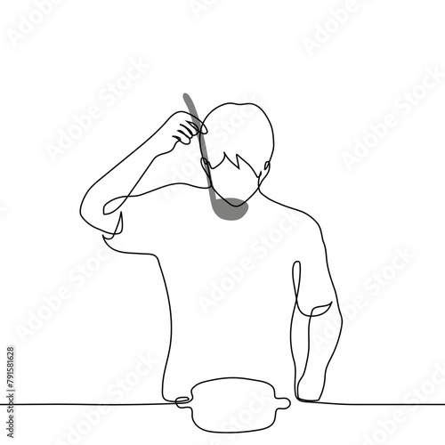 man tries soup from a ladle while standing over a saucepan - one line art vector. concept bachelor preparing homemade food