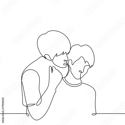 man whispers in another's ear standing behind him - one line art vector. concept of male friends gossiping, gay couple flirting and seducing