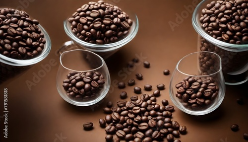 coffee beans in glass chrome bowls coffee beans spilled  photo
