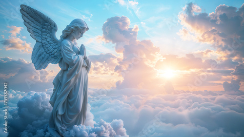 Heavenly angel statue praying on sky and clouds background, archangel in heaven with copyspace, christianity hd photo