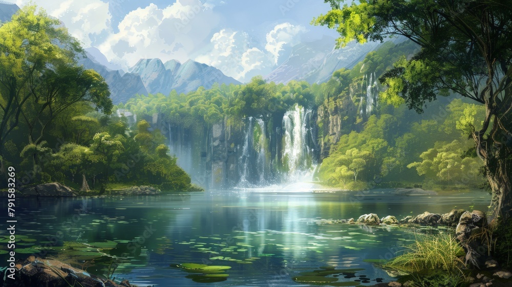 Fototapeta premium Beautiful natural waterfall surrounded by trees and a serene lake
