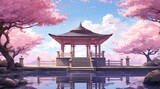Tranquil cherry blossom pavilion by the water