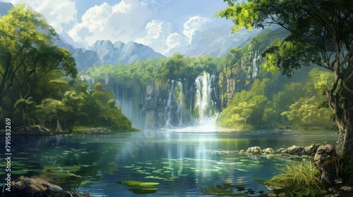 Beautiful natural waterfall surrounded by trees and a serene lake