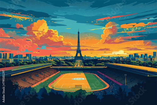 Olympic stadium at France with Eiffel tower in the background in vectorial, Paris olympic games, vector, vectorial  photo
