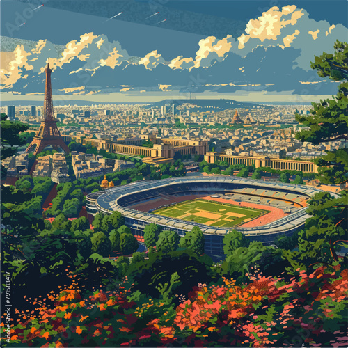 Olympic stadium at France with Eiffel tower in the background in vectorial, Paris olympic games, vector, vectorial 