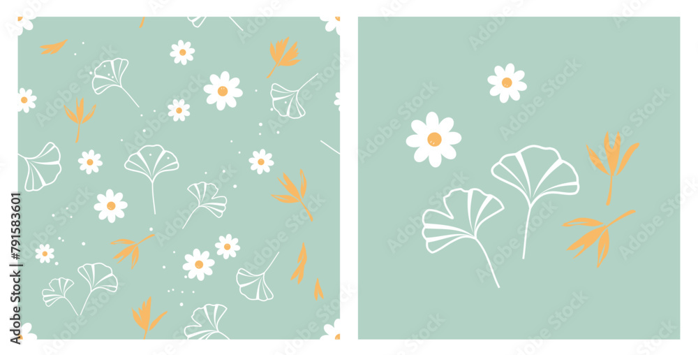 Seamless pattern with ginkgo leaves, daisy flower and yellow plant on green background. Ginkgo leaves icon sign vector. Seamless pattern with ginkgo leaves, daisy flower and yellow plant on green background. Ginkgo leaves icon sign vector.