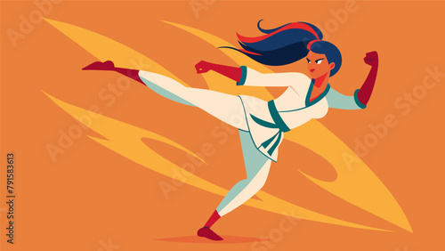 A woman performing a flying kick embracing the confidence and courage gained from her martial arts training to pursue her dreams of starting a