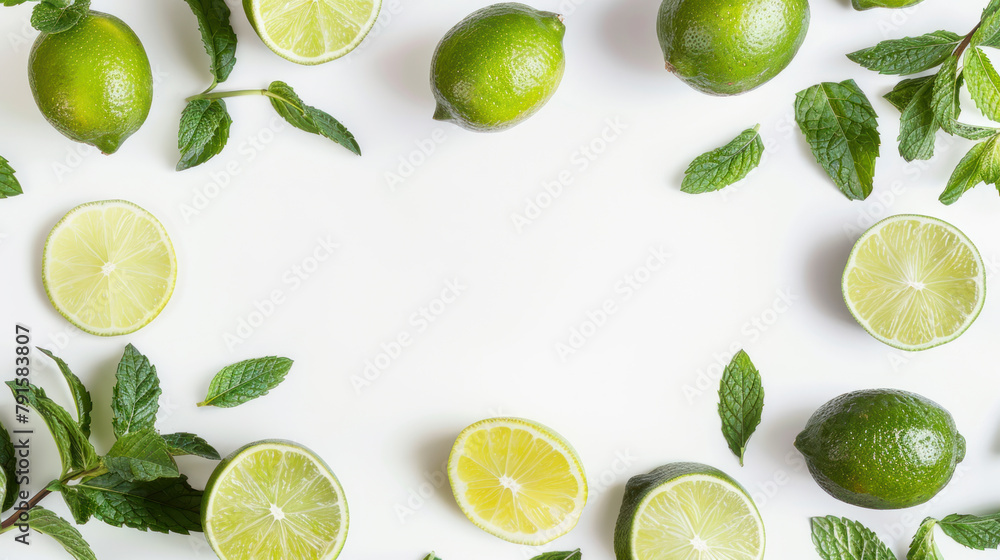 Flat lay template, frame with peppermint and limes on white background, Mojito cocktail concept