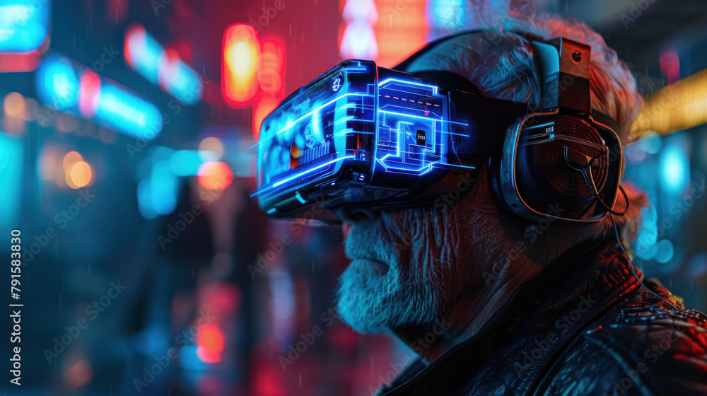 Old man getting new experiences with virtual reality gadget on city street Old man getting new experiences with virtual reality gadget on city street