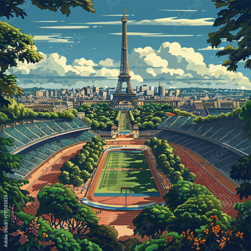 Olympic stadium at France with Eiffel tower in the background in vectorial, Paris olympic games, vector, vectorial 